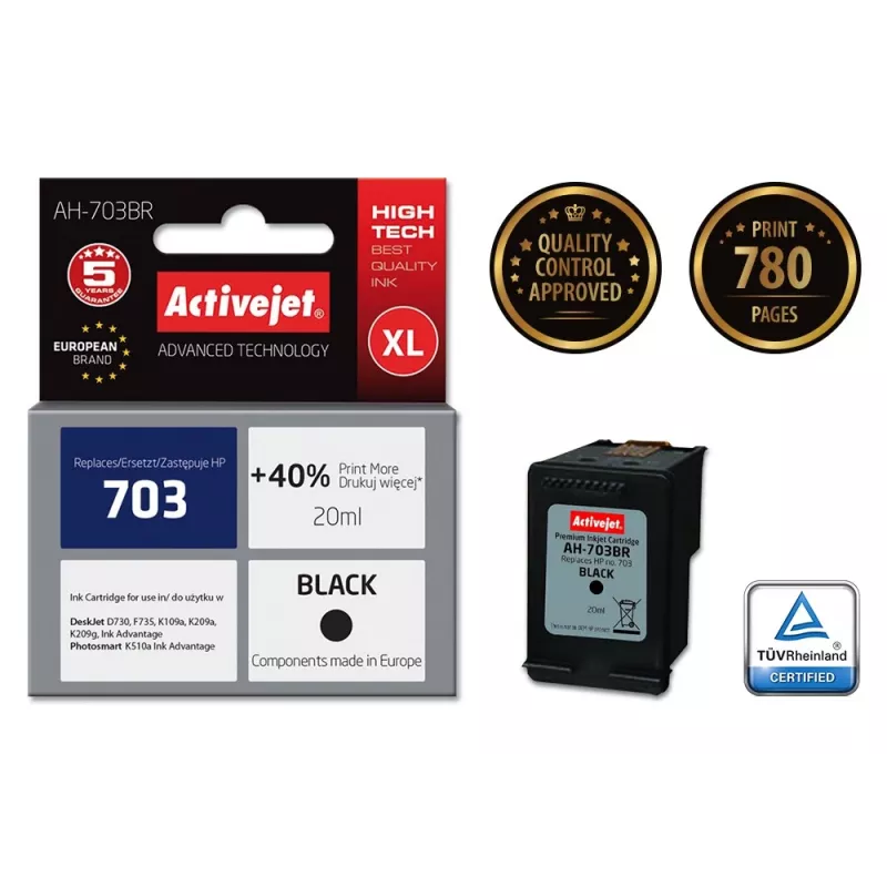 Mustekasetti ActiveJet AH-703BR yhteensopiva HP 703 CD887AE kanssa, musta, High (XL) 20 ml, pigmenttipohjainen