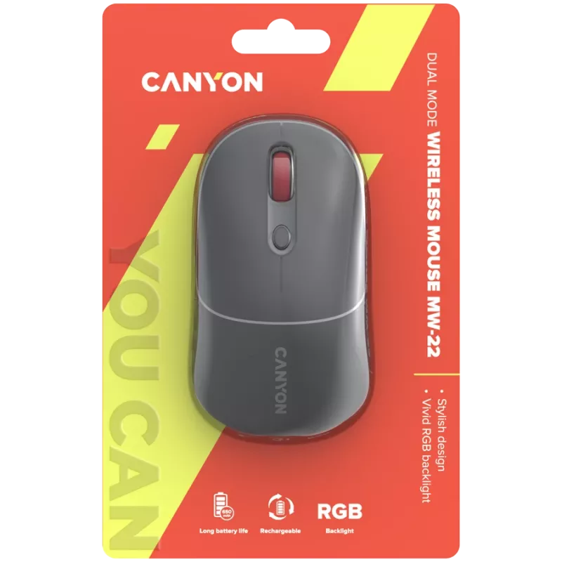 Canyon MW-22 2in1 RGB langaton hiiri - harmaa - Bluetooth/RF - 1 600 dpi - ladattava