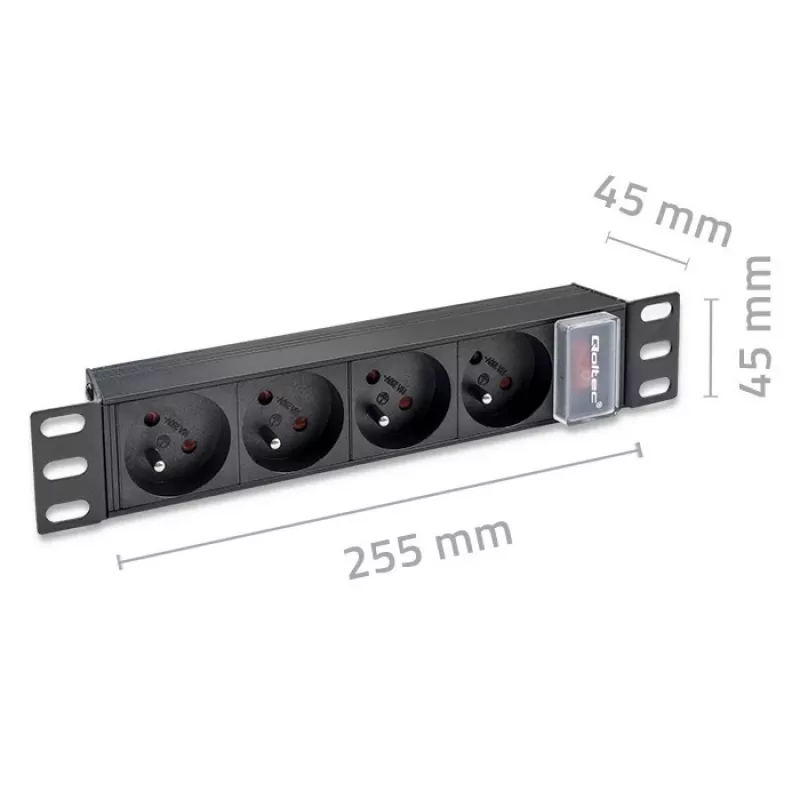 Qoltec alumiininen PDU 10'' RACK | 1U | 16A | 4xFRANZÖSISCH | 1,8m