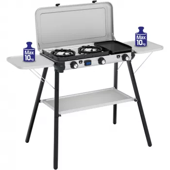 Camping Kitchen 2 Multi Cook Plus, kaasukeitin harmaa, 2 keittovyöhykettä 2x 1,8 kW + grillilevy 0,9 kW, malli 2025