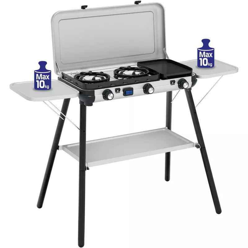 Camping Kitchen 2 Multi Cook Plus, kaasukeitin harmaa, 2 keittovyöhykettä 2x 1,8 kW + grillilevy 0,9 kW, malli 2025