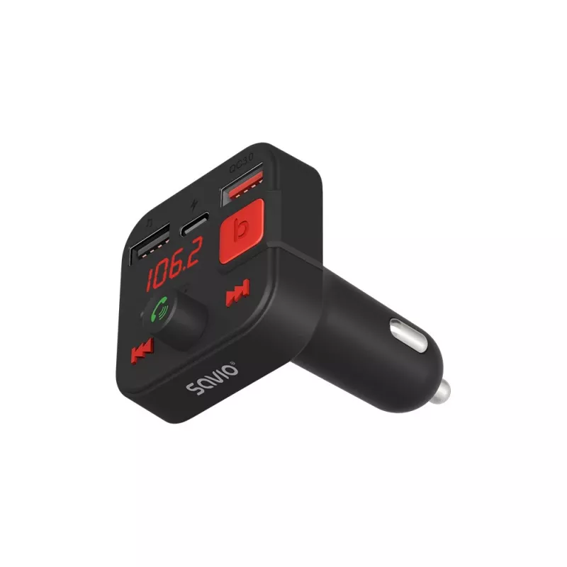 SAVIO FM-lähetin, Bluetooth 5.3, QC 3.0-laturi, LED-näyttö, Bass Boost, TR-15, musta