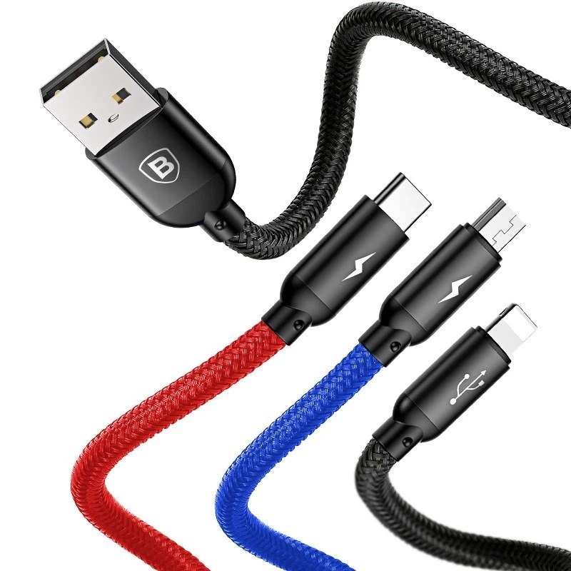 BASEUS Colorfone CAMLT-BSY01 USB-kaapeli 1,2 m USB A 3 x USB C musta, punainen, sininen