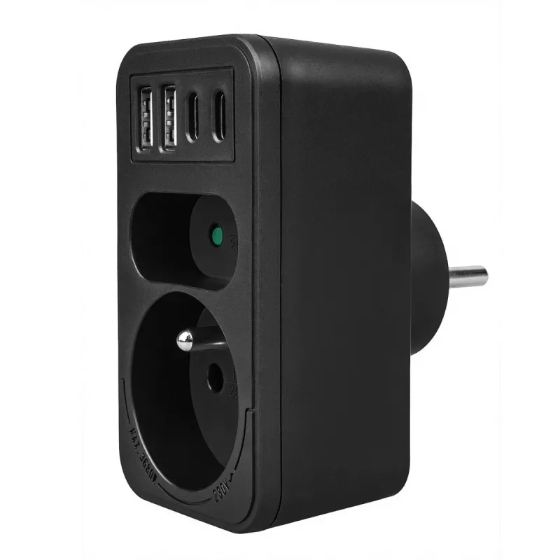 Virranjakaja MACLEAN MCE249 F/B – 2 AC-pistorasiaa (16A + 6A) ja 2×USB-A ja 2×USB-C PD 20W, EU-pistoke, musta