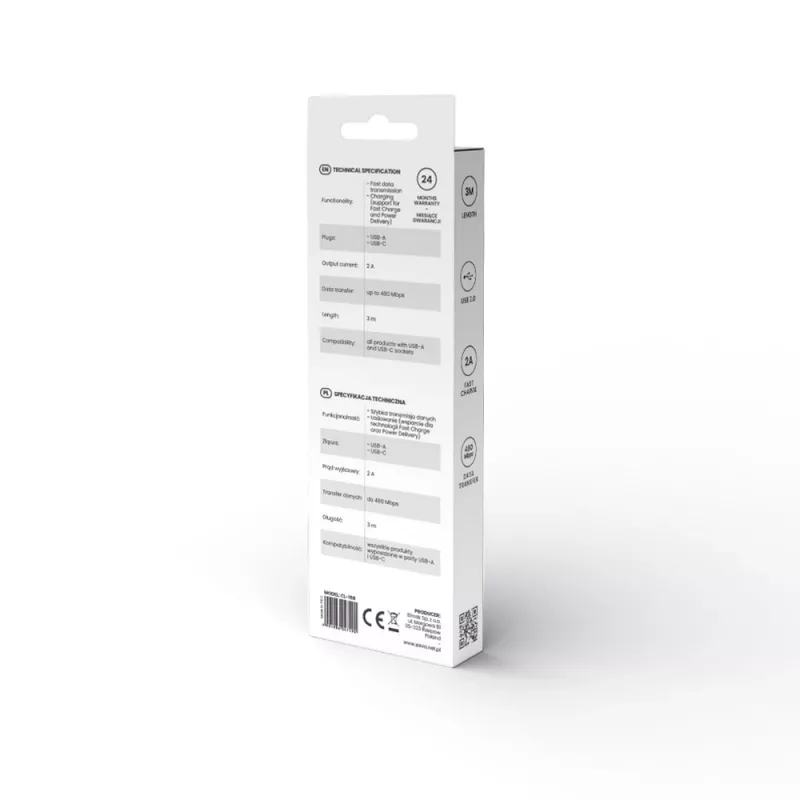 USB 2.0 -kaapeli SAVIO CL-168, USB A (uros) - USB C (uros), 3 m, valkoinen