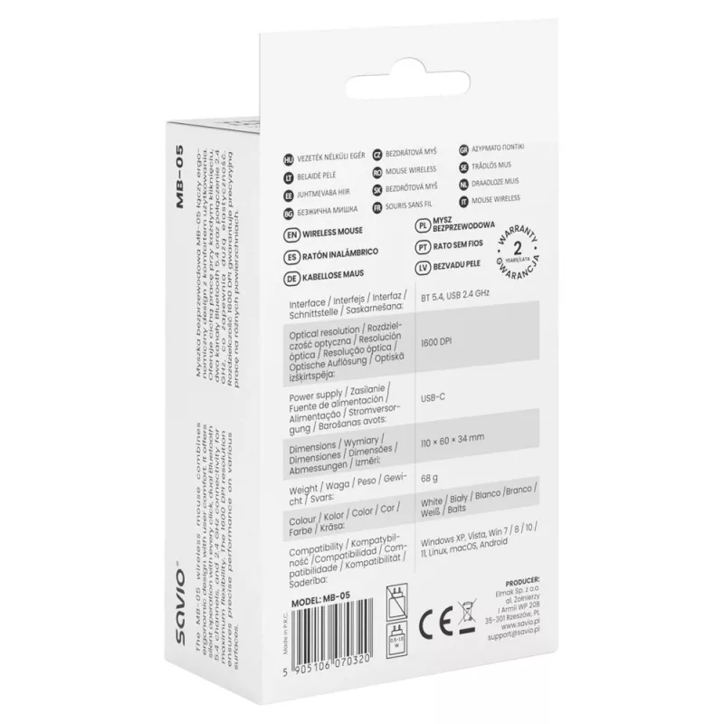 Savio MB-05 hiiri yleiskäyttöön molempikätinen Bluetooth 1600 DPI