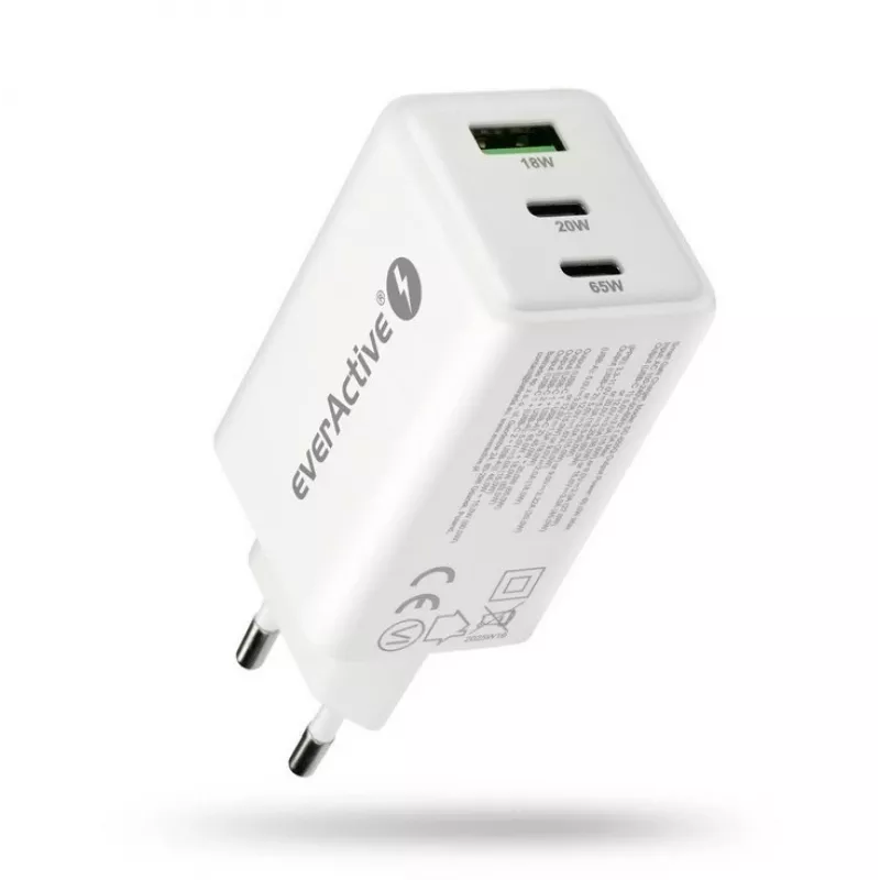 everActive SQ-655Q 65W -pikalaturi, 1×USB-A + 2×USB-C