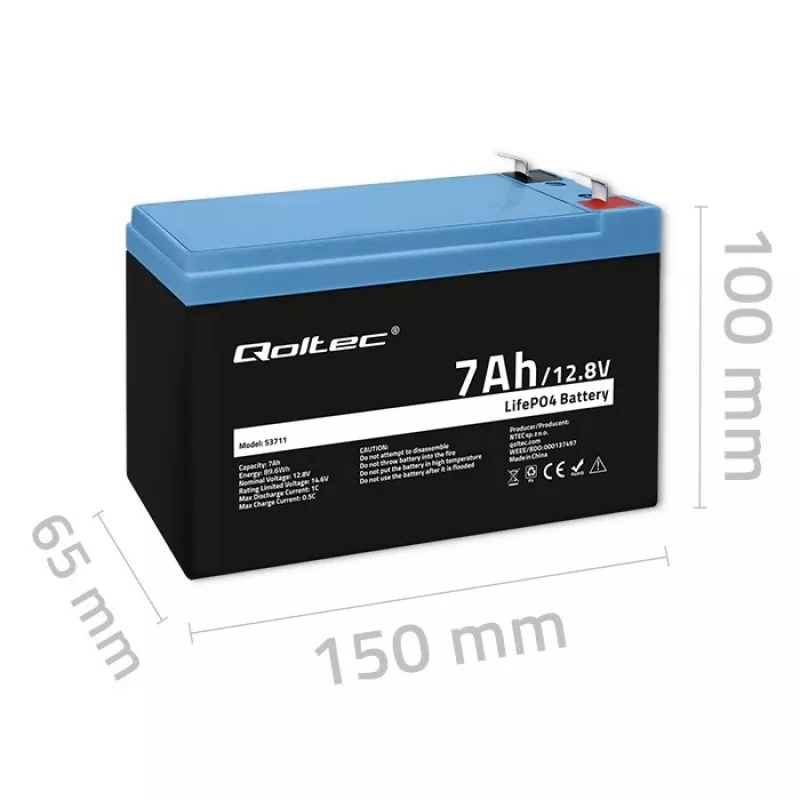 LiFePO4-akku 12,8V 7Ah, 89,6Wh, BMS
