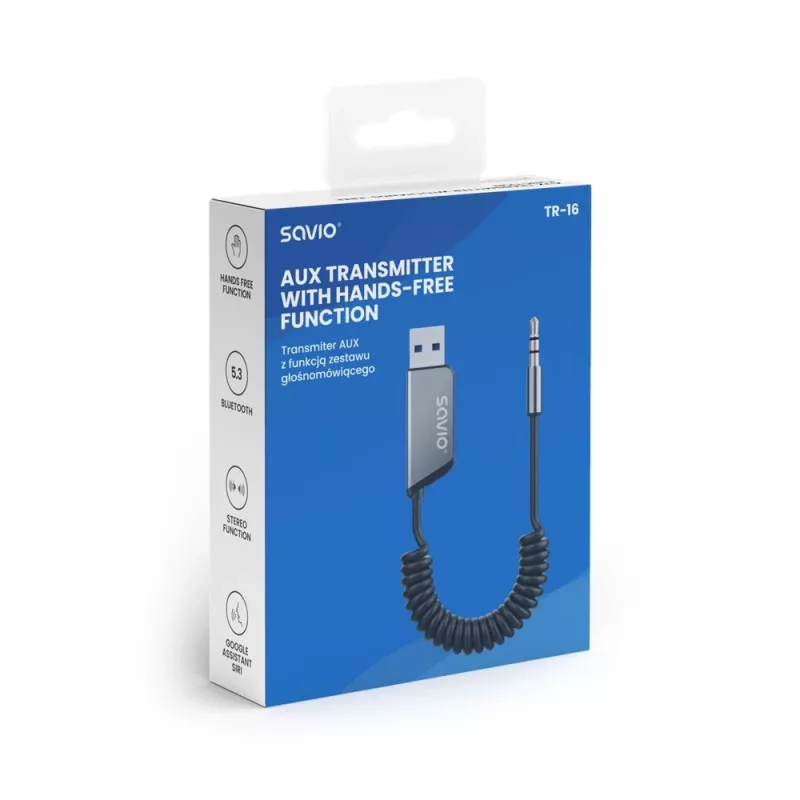 Savio TR-16 lähetin AUX-adapteri handsfree-toiminnolla, Bluetooth 5.3, Google Assistant/Siri
