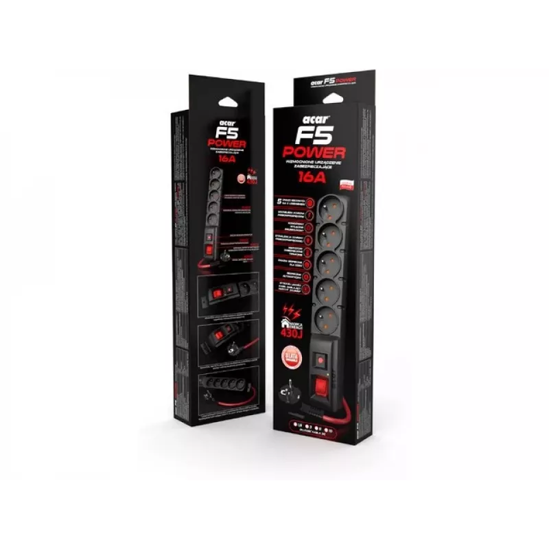 ACAR F5 POWER musta 5 AC-pistorasiaa 230 V 3 m
