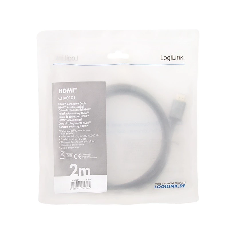 LogiLink CHA0101 HDMI-AV-kaapeli musta-harmaa 2 m HDMI-HDMI-urosliitin
