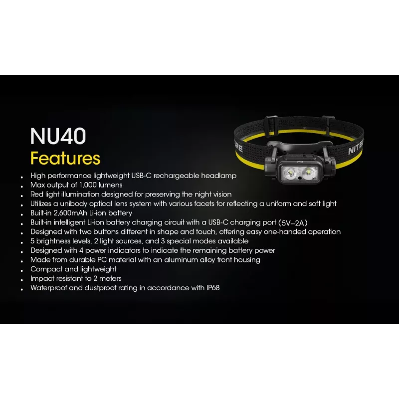Otsalamppu Nitecore NU40 musta LED 2 lamppua IP68