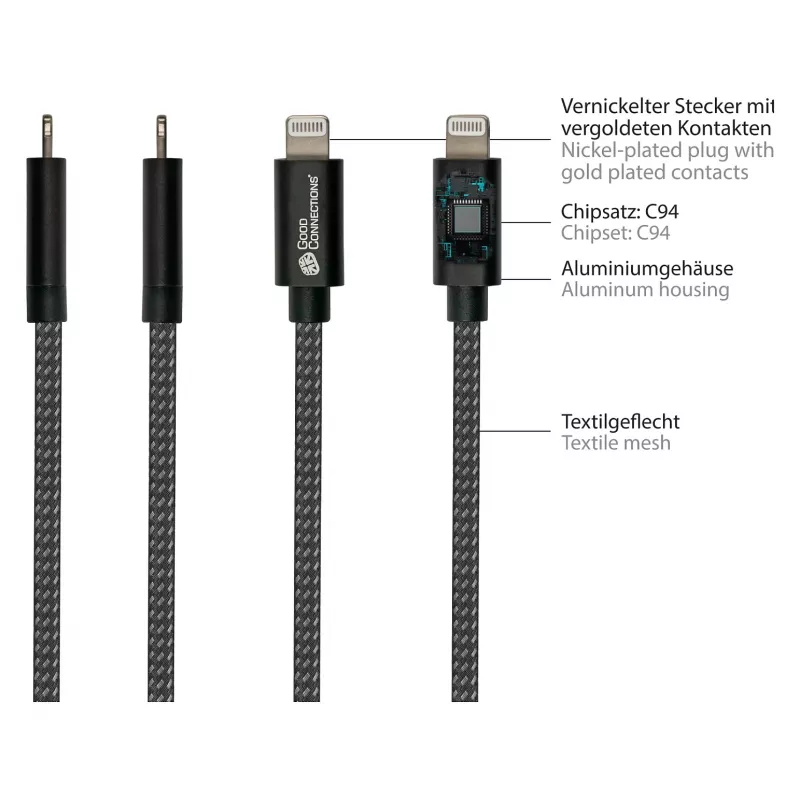 Good Connections USB 2.0 lataus- ja datakaapeli iPhone/iPad/iPod USB-C pistoke Lightning -liitäntään - korkealaatuisesti valmistettu ja virallisesti Applen ze