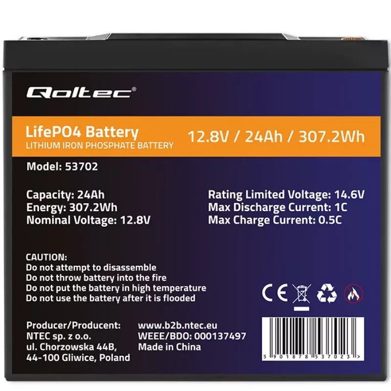 Qoltec 53702 LiFePO4 litium-rautafosfaattiakku | 12,8V | 24Ah | 307,2Wh | BMS