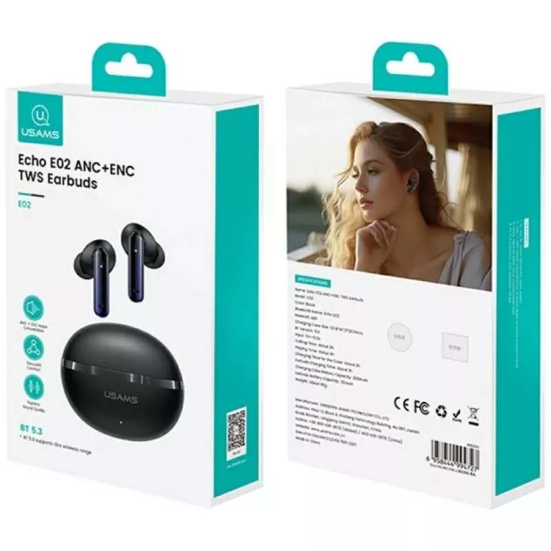 Bluetooth-kuulokkeet Usams TWS E02 ANC+ENC musta