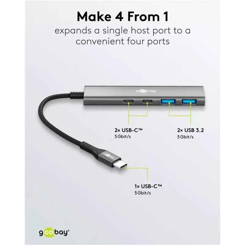 Goobay Slim 4-porttinen USB-keskitin USB-C - USB-A 5 Gbit/s - Plug USB 3.2 (76563)