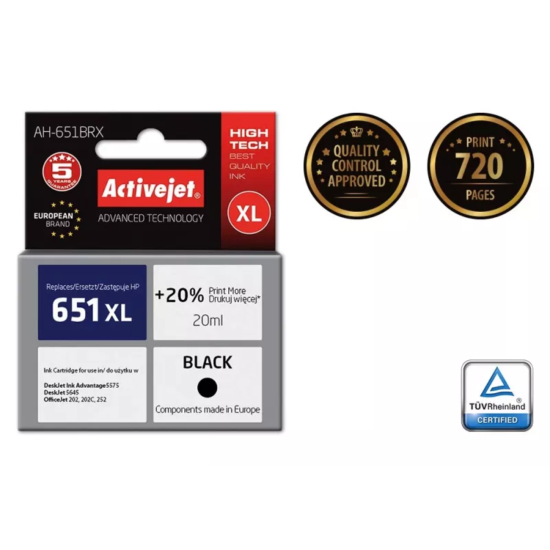 Activejet AH-651BRX muste (korvaa HP 651 C2P10AE; Premium; 20 ml; musta)