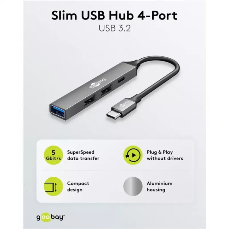 Goobay Slim 4-porttinen USB-keskitin, USB-C™–USB-C™/USB-A, USB 3.2 (74459)