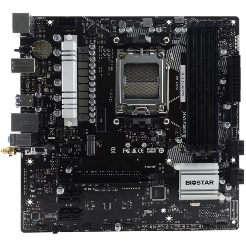 Emolevy BIOSTAR A620MP-E PRO — AMD A620 microATX, kanta AM5, DDR5, 4 DIMM, max. 128 GB, 2,5Gb LAN