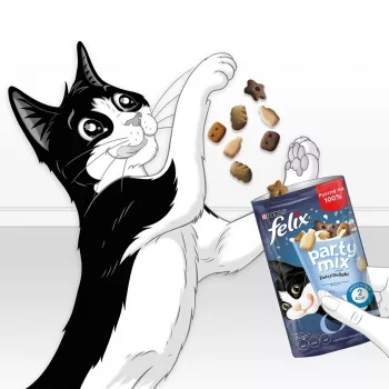 Kissanherkut Felix Party Mix Dairy Delight 60 g — rapeat herkut maitomaulla aikuisille kissoille, proteiini 35 %, rasva 19,5 %
