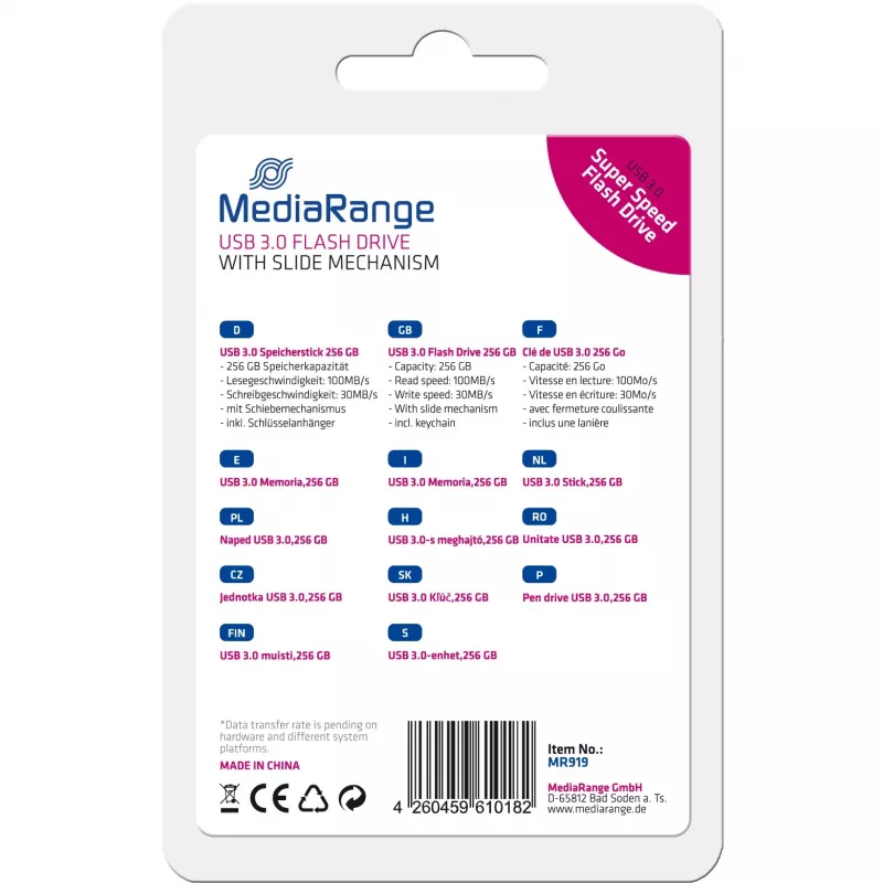 MediaRange - USB-muistitikku - 256 GB - USB 3.0 - musta, hopea (MR919)