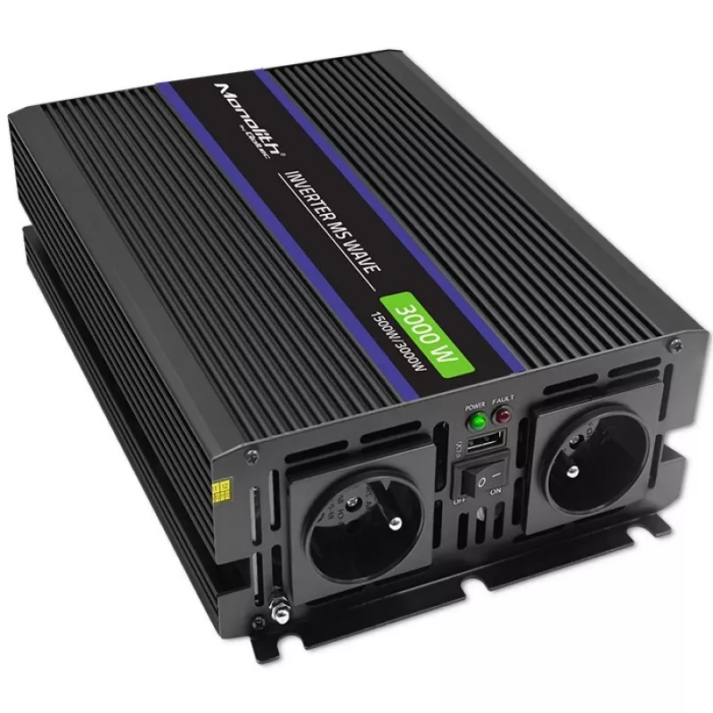 Vaihtosuuntaaja QOLTEC Monolith 3000 MS Wave, 12V→230V, 1500/3000W, USB:lla
