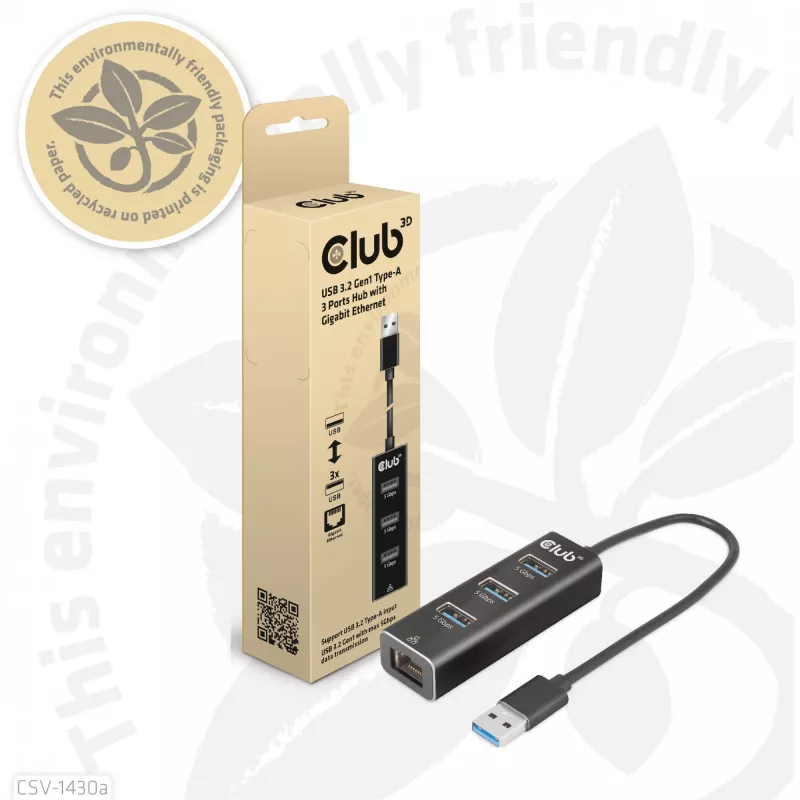 USB-keskitin CLUB3D USB 3.2 Gen1 Type-A 3 liitännällä ja gigabitin Ethernet