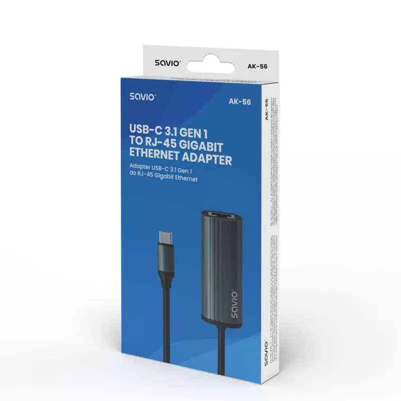 SAVIO adapteri USB-C 3.1 Gen.1 (M) - RJ-45 Gigabit Ethernet (F), 1000 Mbps, AK-56, harmaa