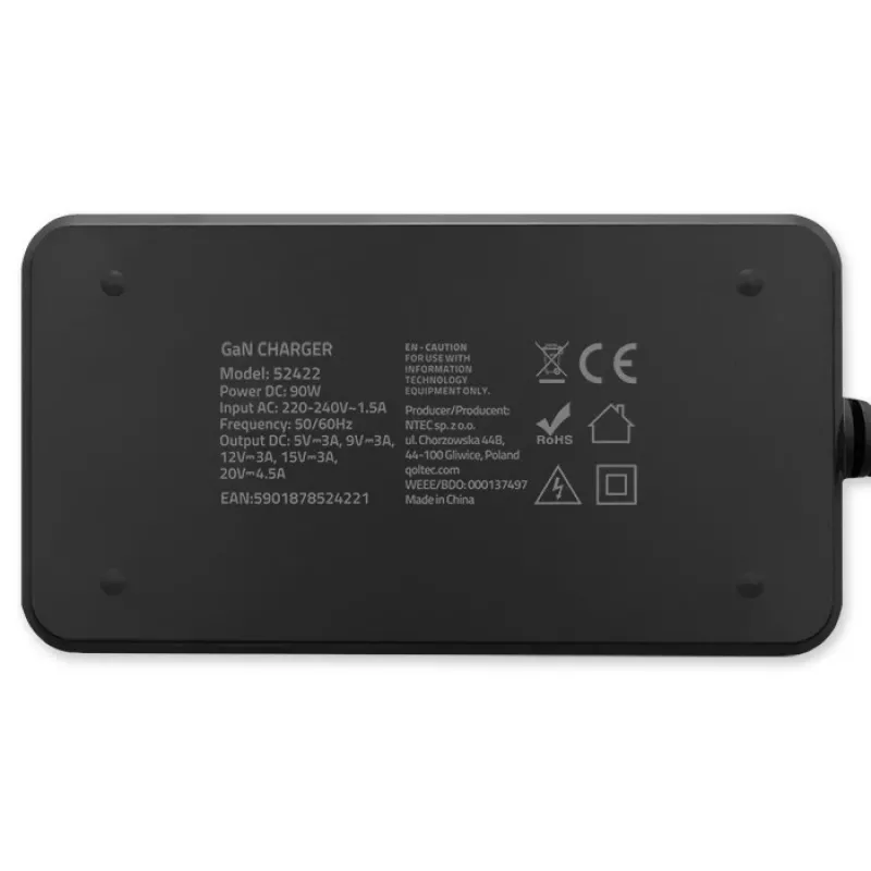 Qoltec 90W GaN Super Fast SLIM seinälaturi | XP | 5-20V | 4,5A | USB-C 3.1 | kannettava | MacBook | älypuhelin | + kaapeli