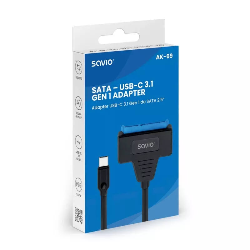 SAVIO SATA–USB-C-liitäntäkaapeli AK-69, SATA-pistorasia USB-C-pistokkeeseen, USB 3.2 Gen 1 (5 Gbit/s), 0,25 m, musta