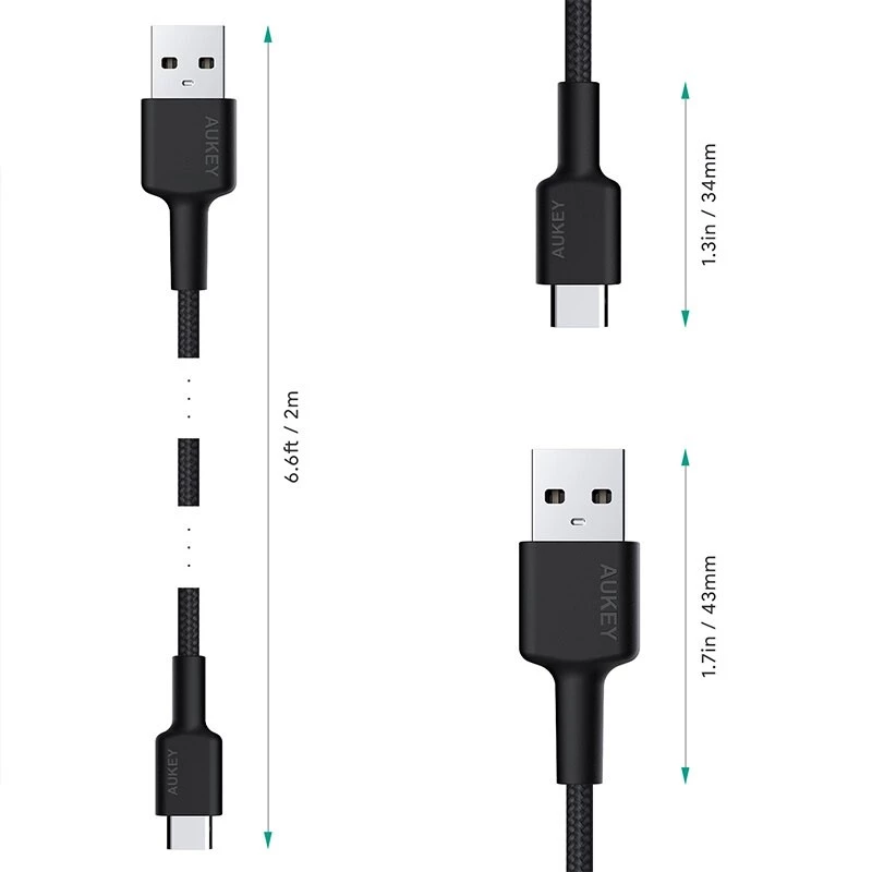Aukey CB-CA2 OEM USB-C – USB-A -kaapeli, nailonpunos, 2 m, musta