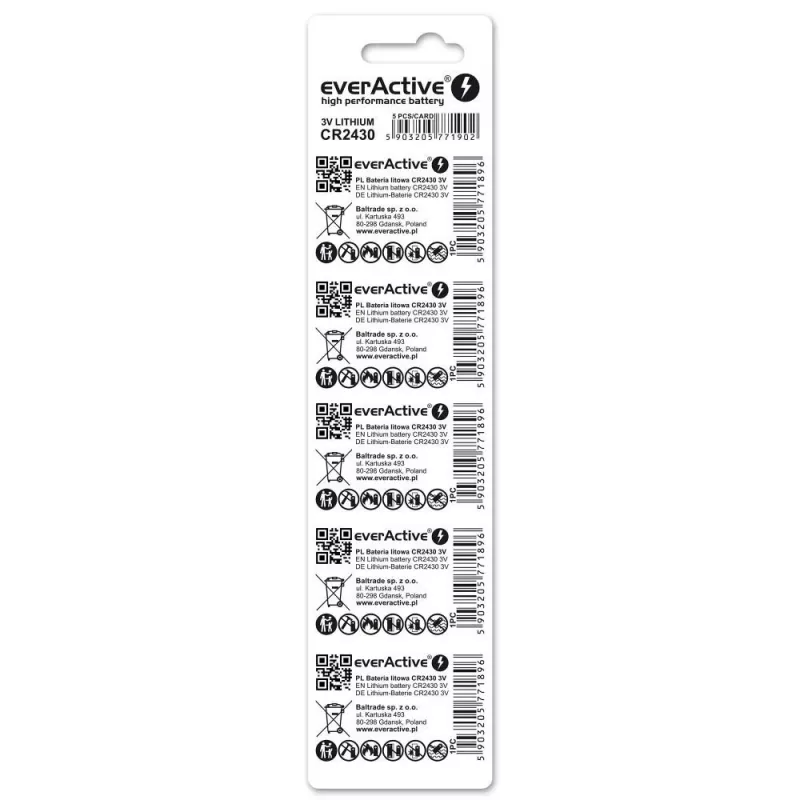 everActive CR2430 CR24305BL litiumnappiparisto 3 V, 300 mAh, 5 kpl:n pakkaus
