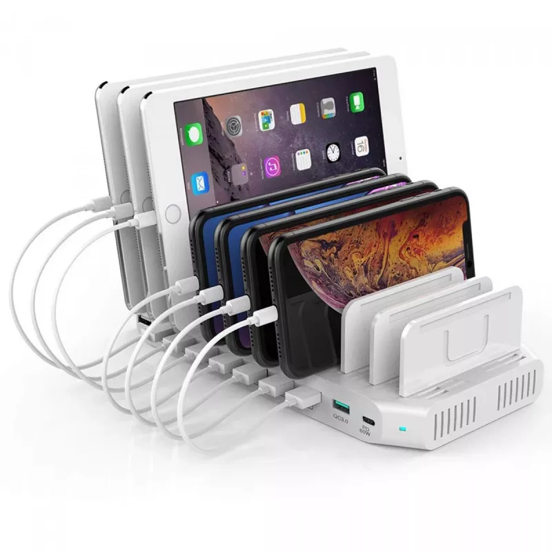 Latausasema Unitek Y-2190A — 10 USB-liitäntää (8×USB2.0 + 2×USB3.2 Gen1), langaton lataus, 96 W kokonaisteho