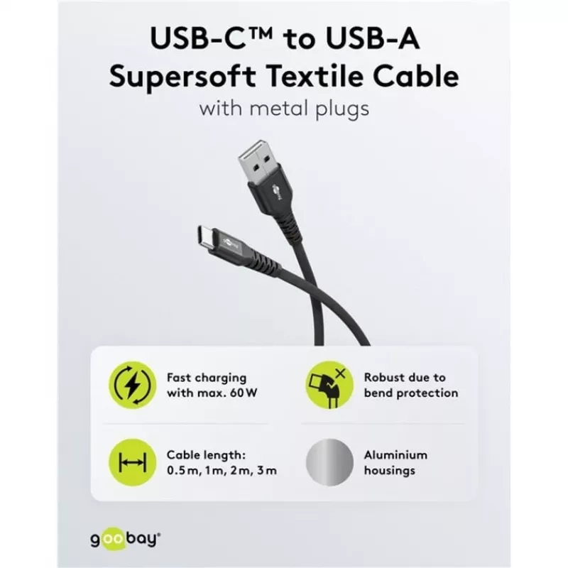 Goobay USB-C-kaapeli Fabric Supersoft metalliliittimillä, 2 m, musta (2m, USB 2.0, 60W), USB-kaapeli