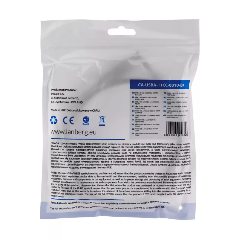 Lanberg CA-USBA-11CC-0010-BK USB-kaapeli 1 m 2.0 USB B musta
