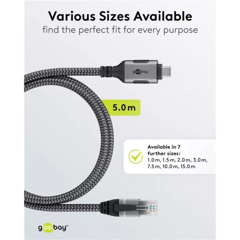 Goobay 70752 USB-C 3.1 – RJ45 Ethernet-kaapeli, Cat6 F/UTP, 5 m, musta/hopea