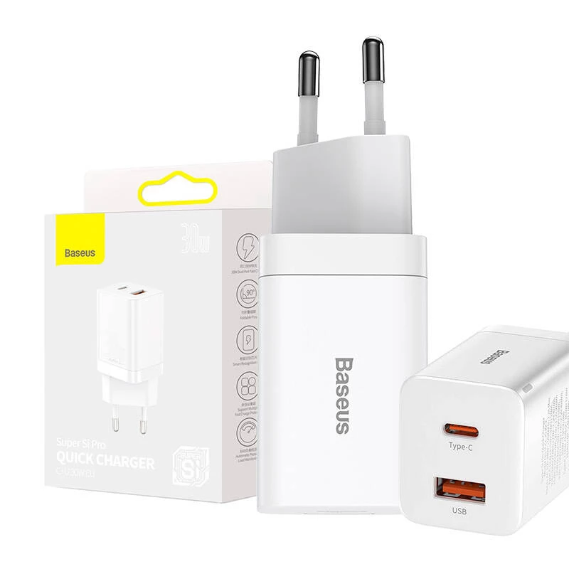 Baseus Super Si Pro -pikalaturi USB + USB-C 30W (valkoinen)