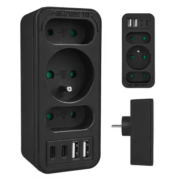 Virranjakaja MACLEAN MCE248 F/B — 3 AC-pistorasiaa (1x16A, 2x6A) ja 4 USB-liitäntää (2xUSB‑A, 2xUSB‑C PD 20W), EU-pistoke, musta