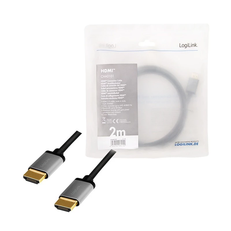 LogiLink CHA0101 HDMI-AV-kaapeli musta-harmaa 2 m HDMI-HDMI-urosliitin