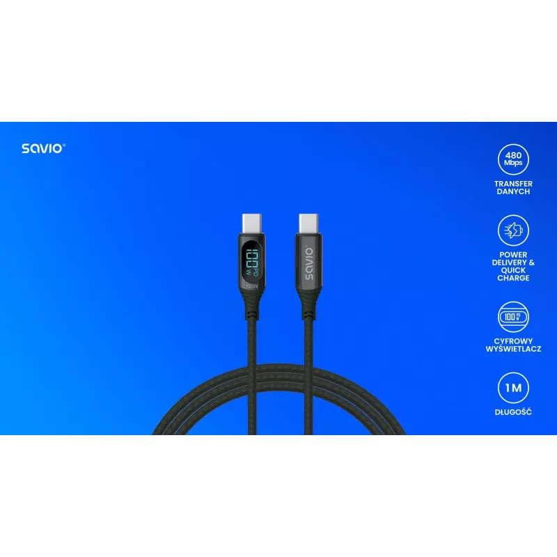 Savio CL-174 USB-C–USB-C-kaapeli, 100 W, Power Delivery/Quick Charge, digitaalinäyttö, 1 m, vihreä