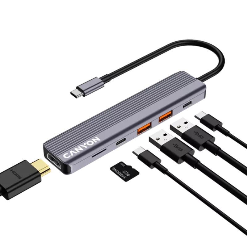 USB Type-C -keskitin CANYON DS-17 — HDMI, USB 3.2 Gen 1 A, USB-C, MicroSD, 10000 Mbit/s, harmaa