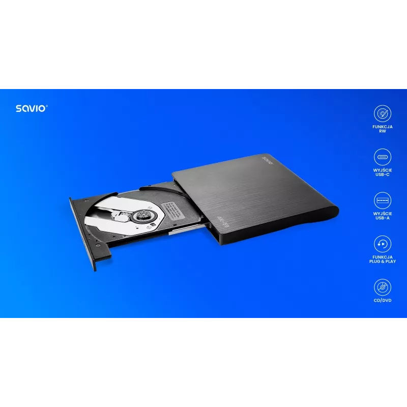 SAVIO AK-59 ulkoinen ohut CD/DVD-poltin R/RW - USB-C/USB-A, musta