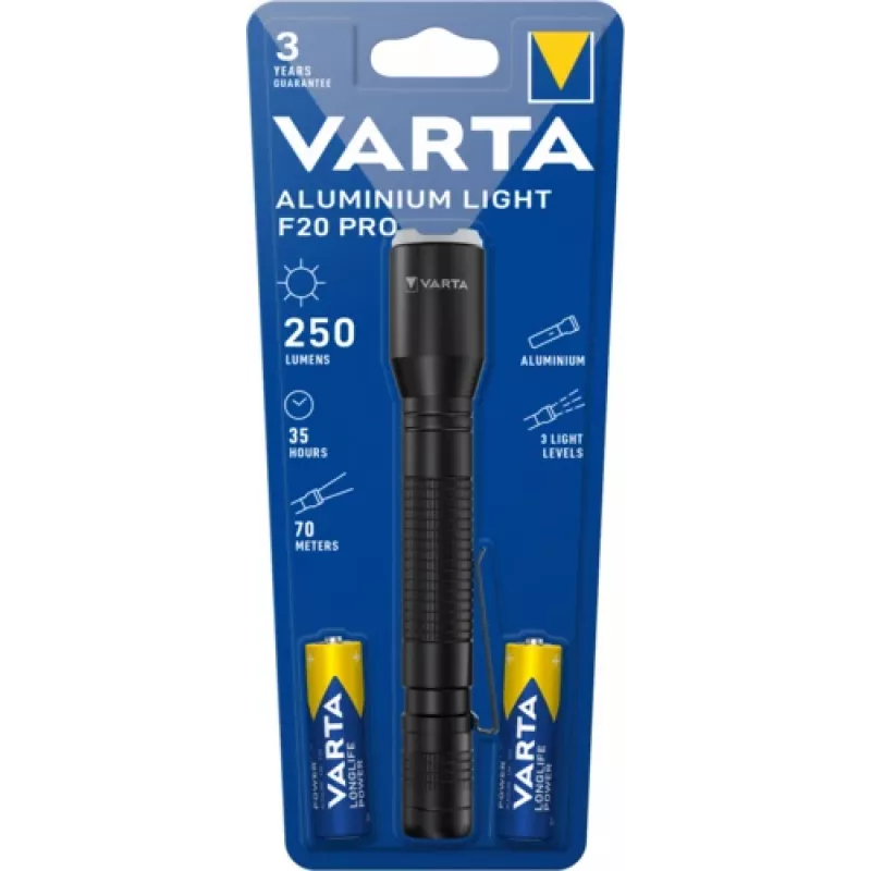 Varta 16607101421 Aluminium Light F20 Pro LED-taskulamppu, 3 valotilaa, musta