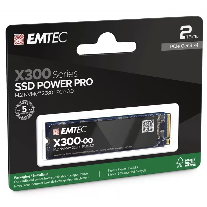 Sisäinen M.2 2280 NVMe SSD EMTEC X300 Power Pro 2 TB PCIe Gen3 x4 — 2500/2000 MB/s
