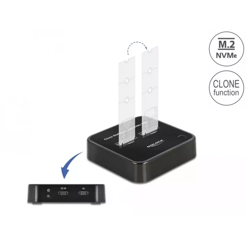 DeLOCK M.2-telakointiasema 2 x M.2 NVMe PCIe SSD -asemalle klonaustoiminnolla