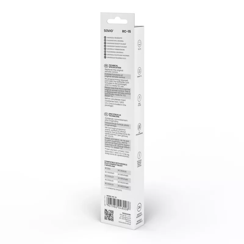 SAVIO RC-15 -yleiskaukosäädin TCL SMART TV:lle, IR langaton, musta, kantama 10 m