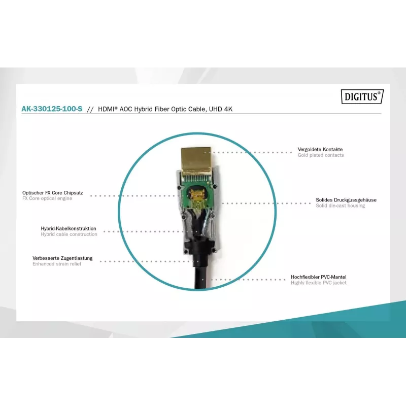 HDMI AOC hybridi-kuituoptinen kaapeli Digitus AK-330125-100-S