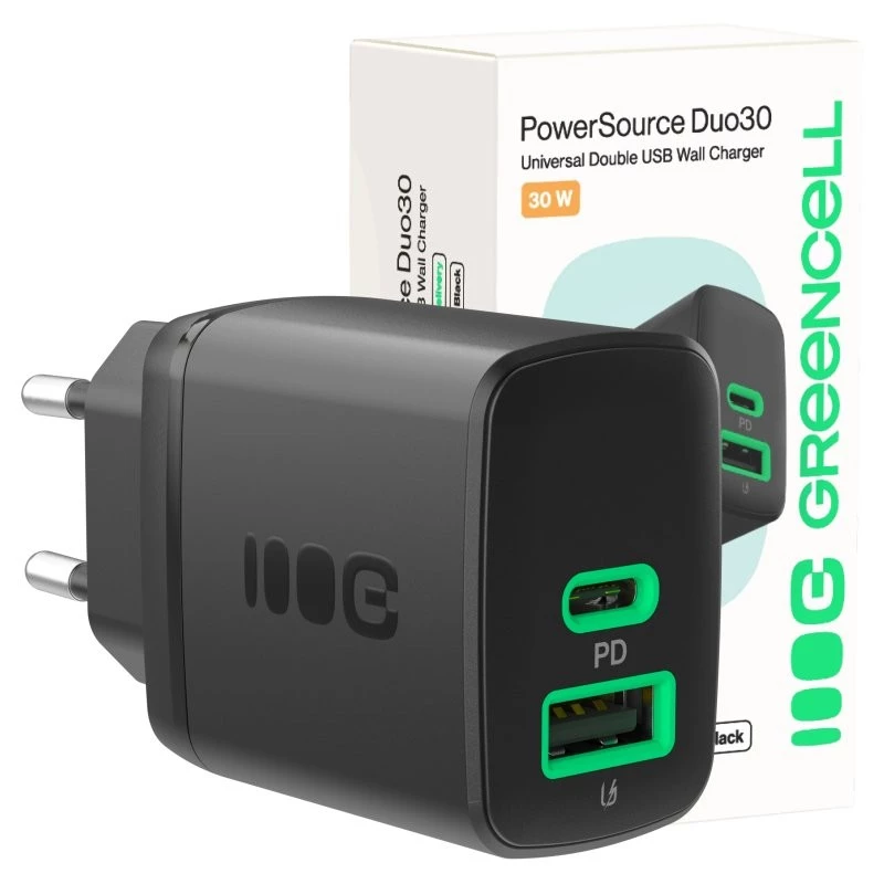 Laturi Green Cell PowerSource Duo30 – 1× USB-A, 1× USB-C, 3A