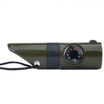Monitoiminen selviytymispilli Mil-Tec SP.22073 — 6-in-1 oliivi, kompassi, lämpömittari, peili, suurennuslasi, valo, 100×35×30 mm