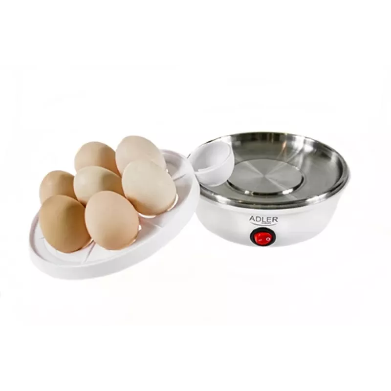 Munankeitin Adler AD 4459 — kapasiteetti 7 munaa, 450 W, valkoinen, painikeohjaus, valmiusmerkki